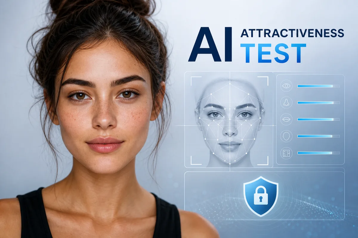AI attractiveness test interface analyzing facial landmarks, symmetry, and privacy signals