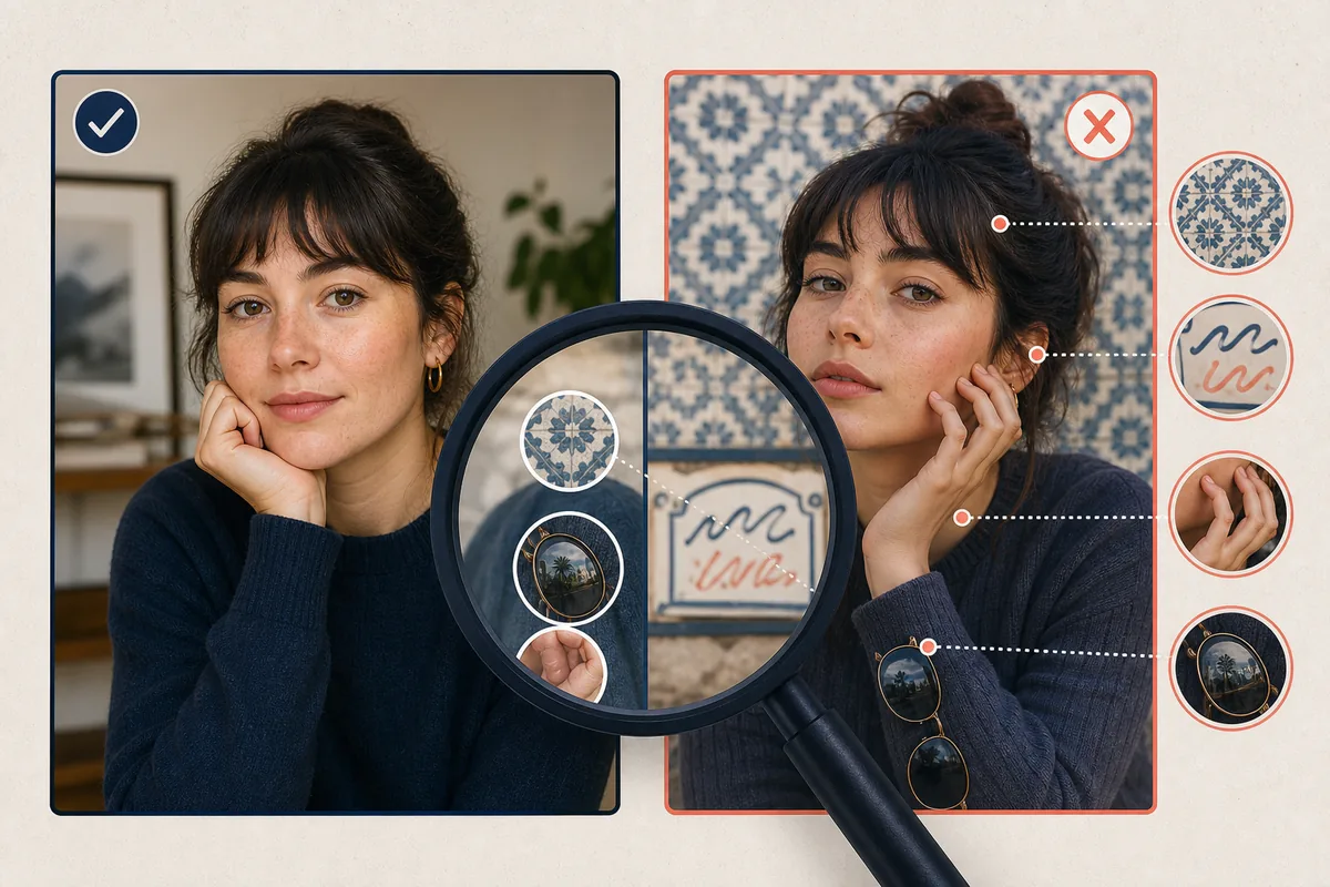 Illustrated magnifying glass over a portrait with subtle AI image clues