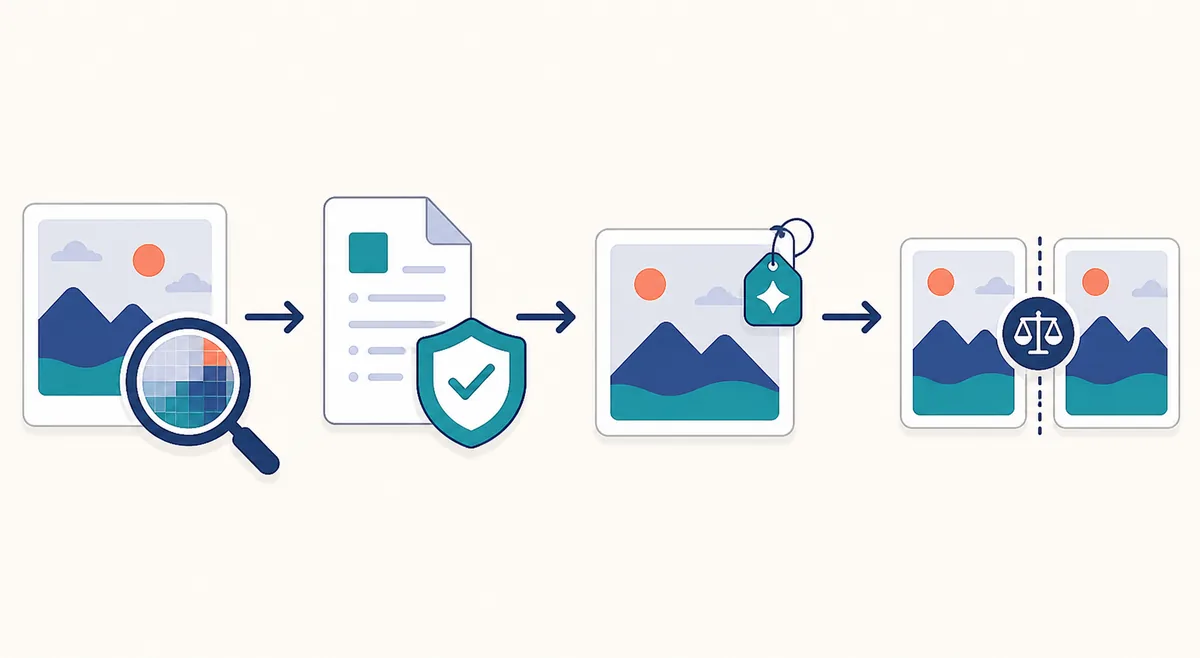 Conceptual workflow for checking an image source, pixels, provenance, and detector results