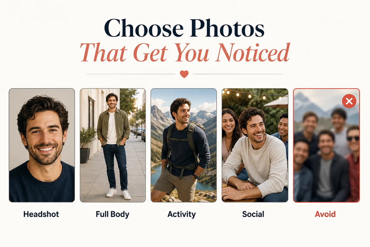 Dating profile picture guide showing a balanced set of profile photo types