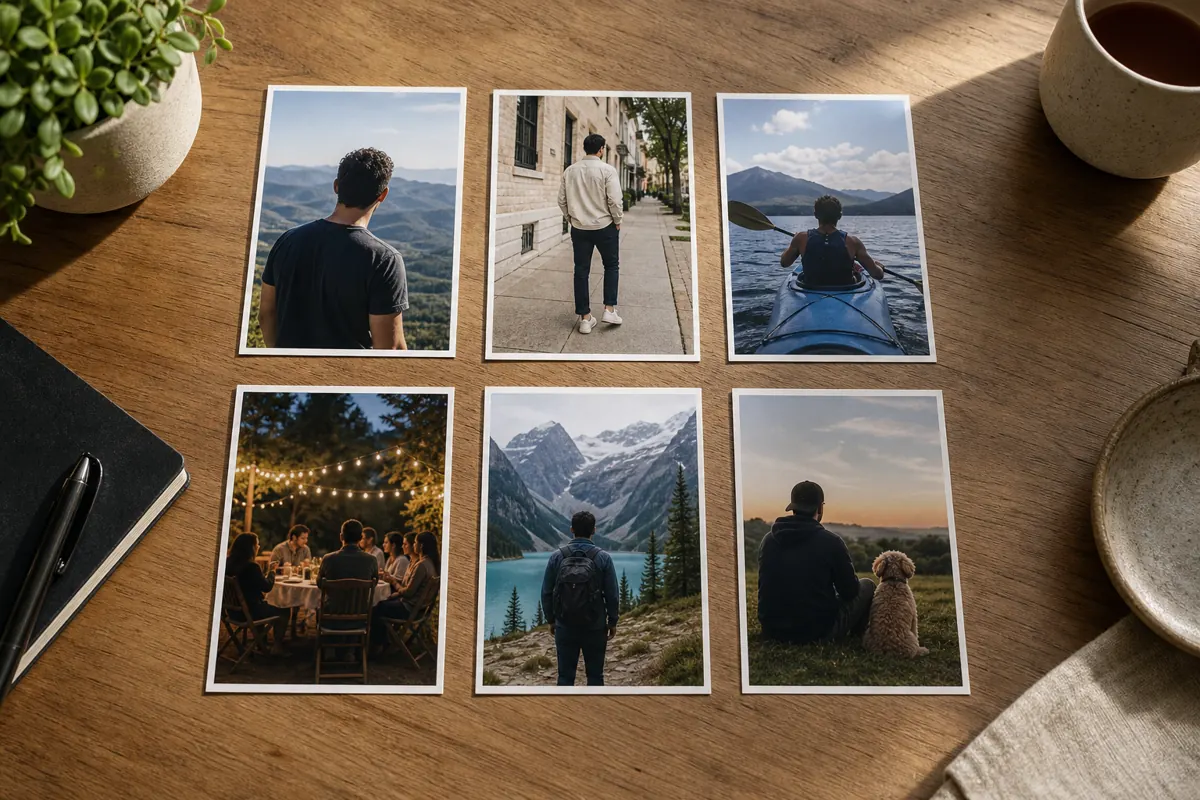 Six-photo dating profile sequence arranged on a table