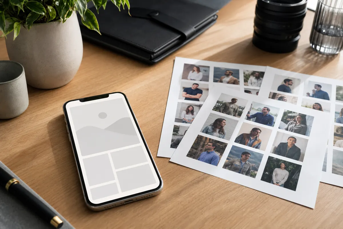 Hinge profile review workspace with a phone mockup and photo contact sheets