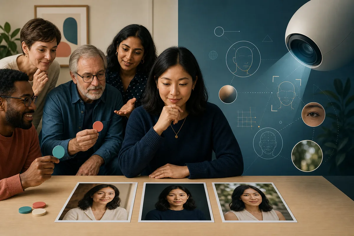 Human reviewers and an AI system comparing three profile photos