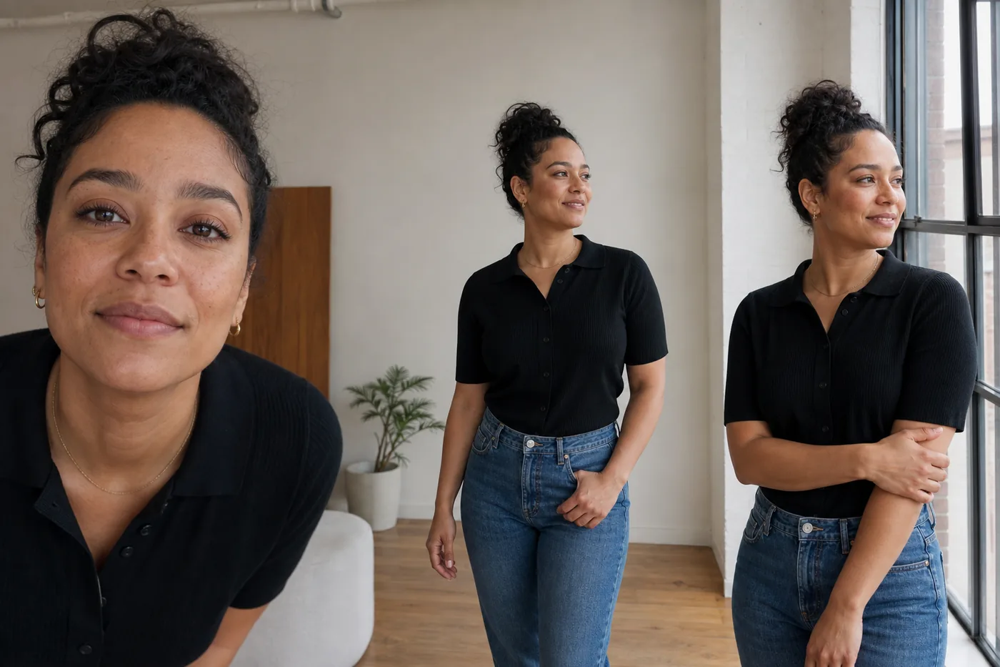 Three portrait moments showing close distance, body angle, and window light