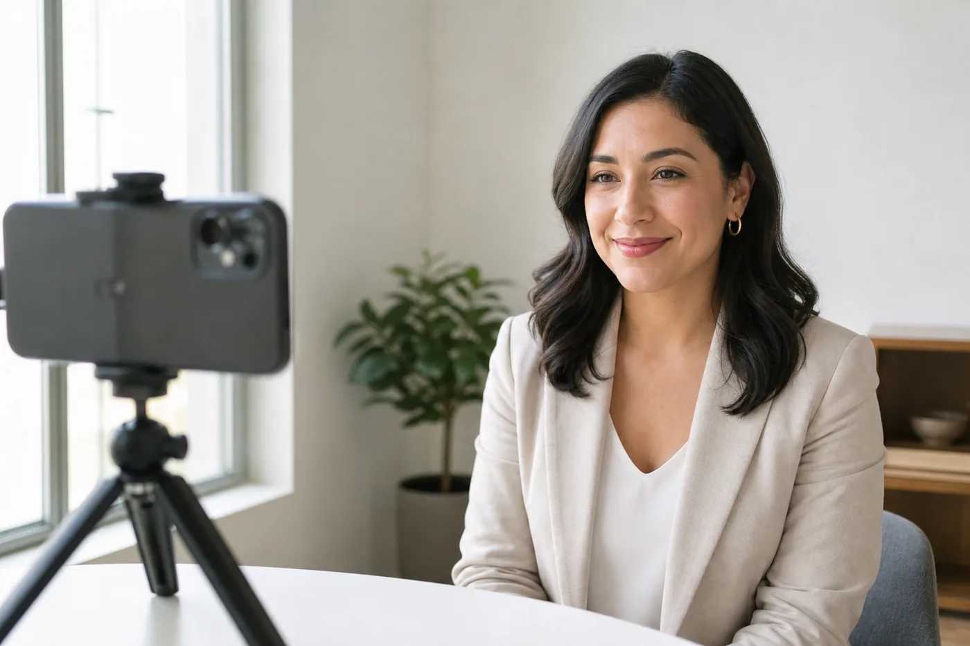 Professional headshot setup at home with a smartphone on a tripod beside a window