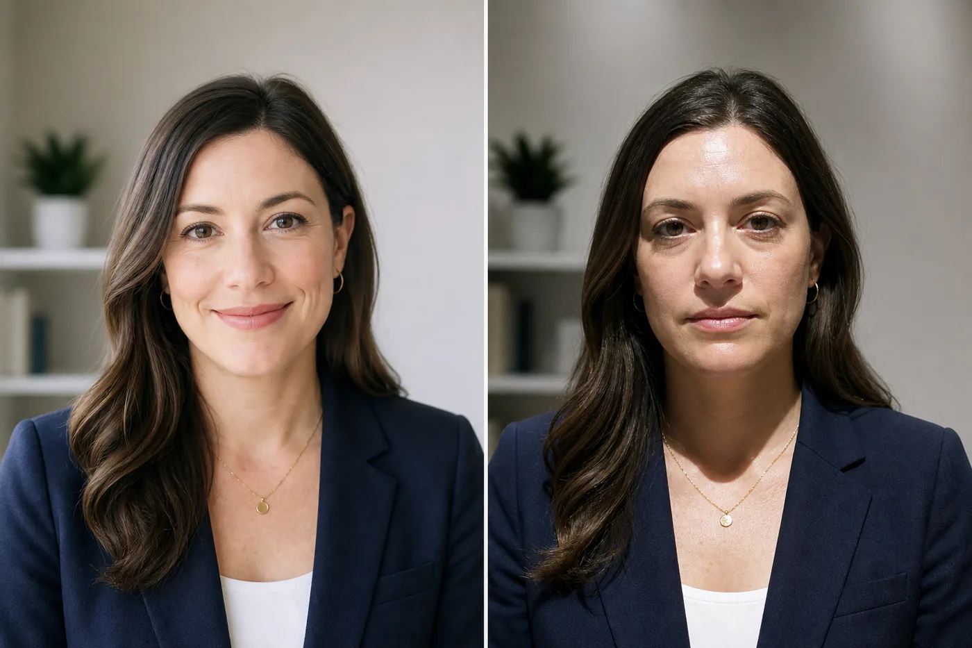 Comparison of a professional headshot with soft window light and one with harsh overhead shadows