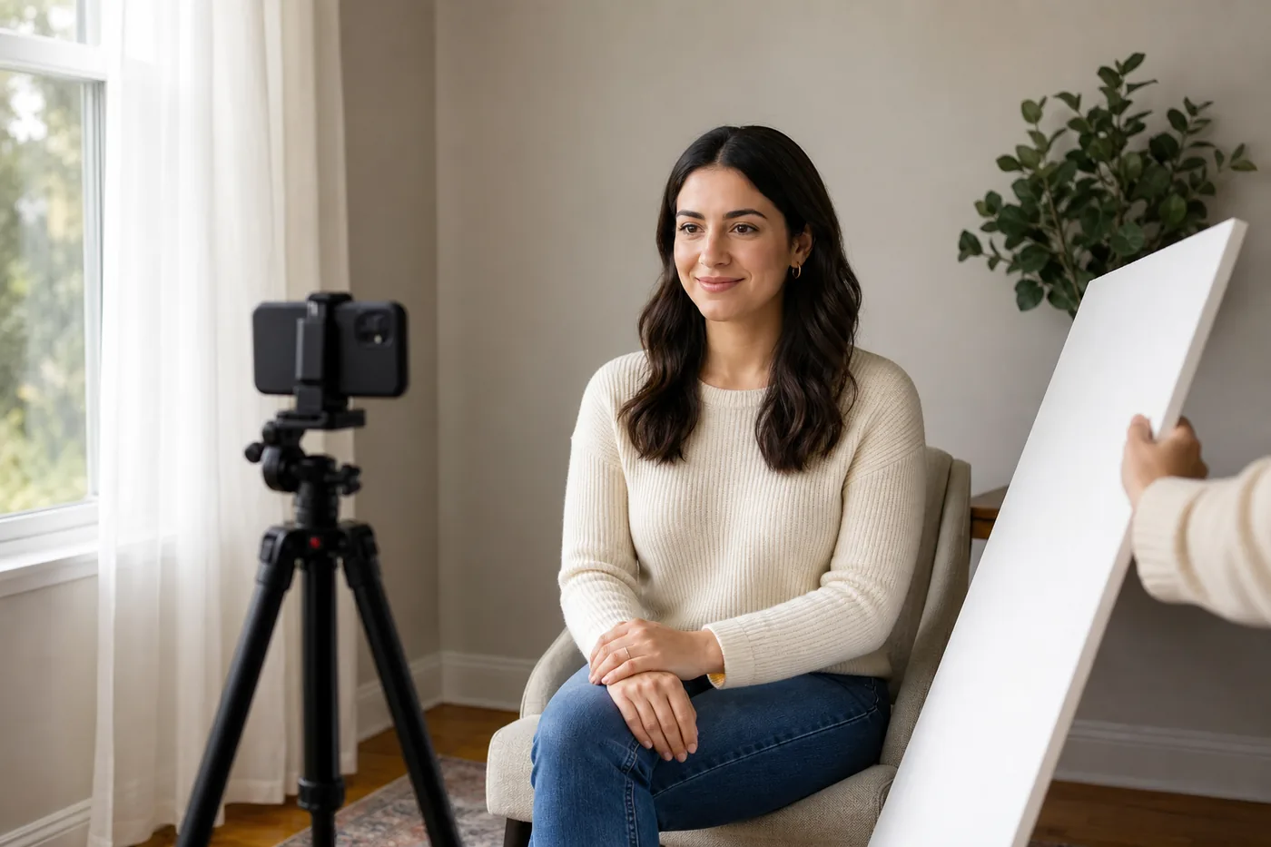 Home professional headshot setup showing a phone tripod, window light, and white reflector