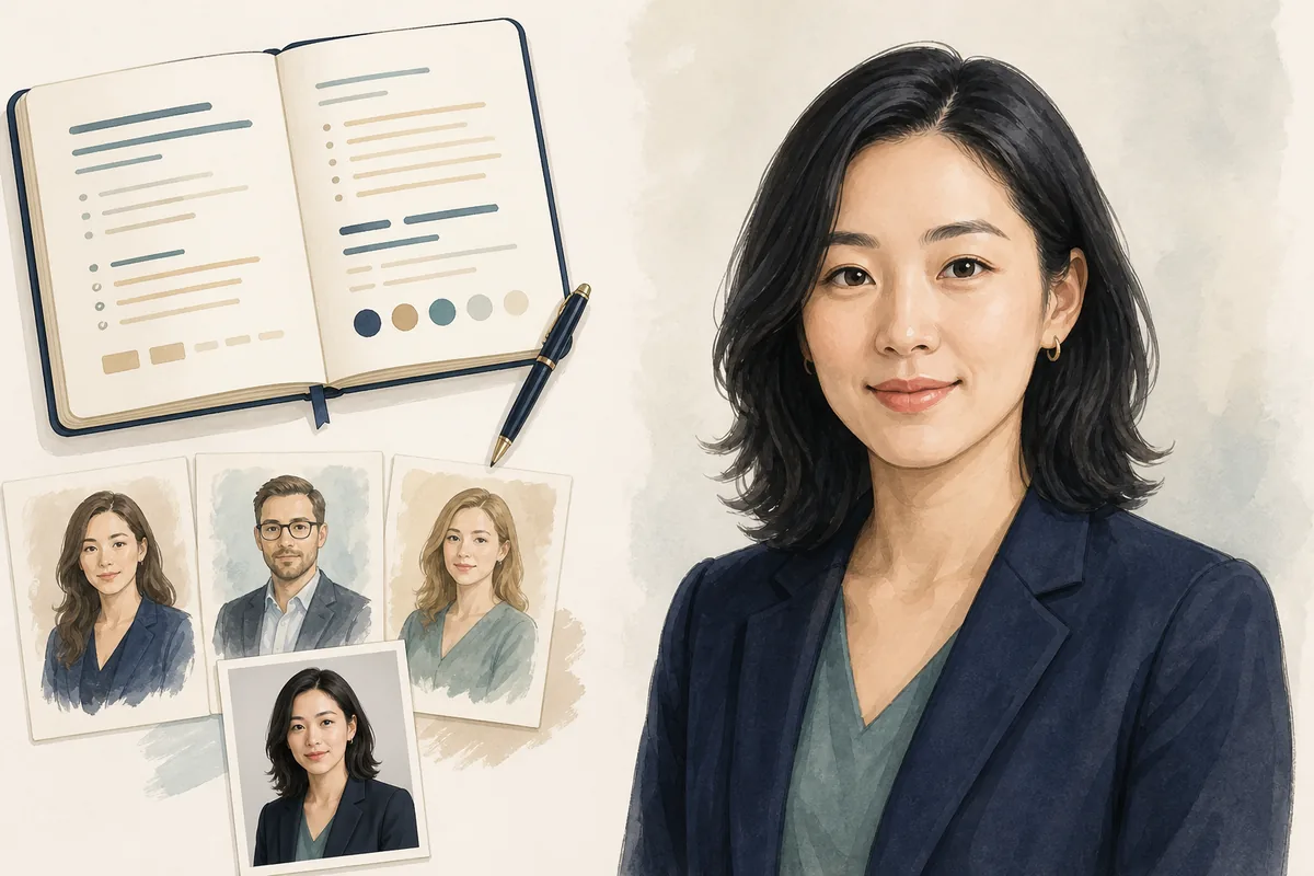 Conceptual workspace showing a professional headshot prompt beside a natural profile portrait
