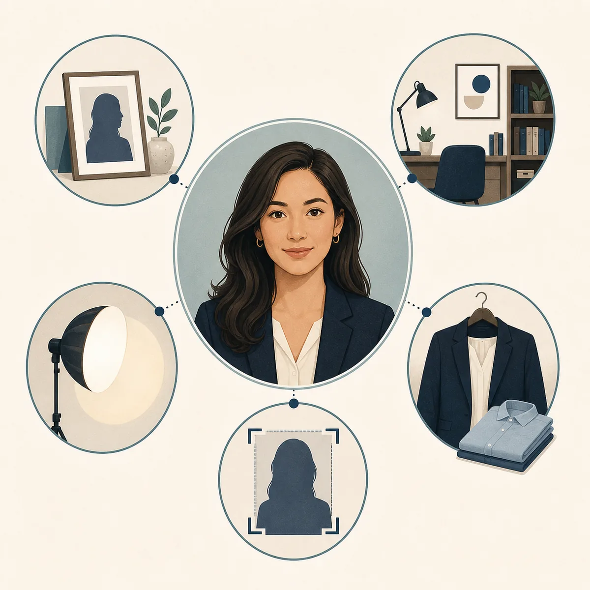Visual concept of the ingredients in an AI professional headshot prompt: identity, framing, light, background, and wardrobe