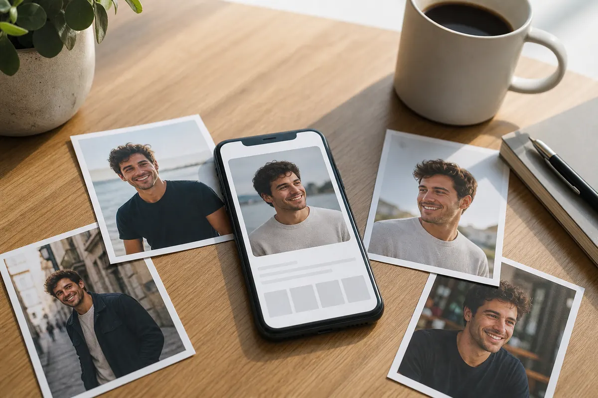 Tinder profile picture selection with phone and printed portrait options